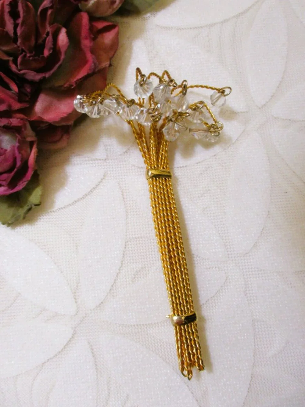 VINTAGE Fountain Spray Brooch: Gold Plate Crystal Dangle Statement Jewelry